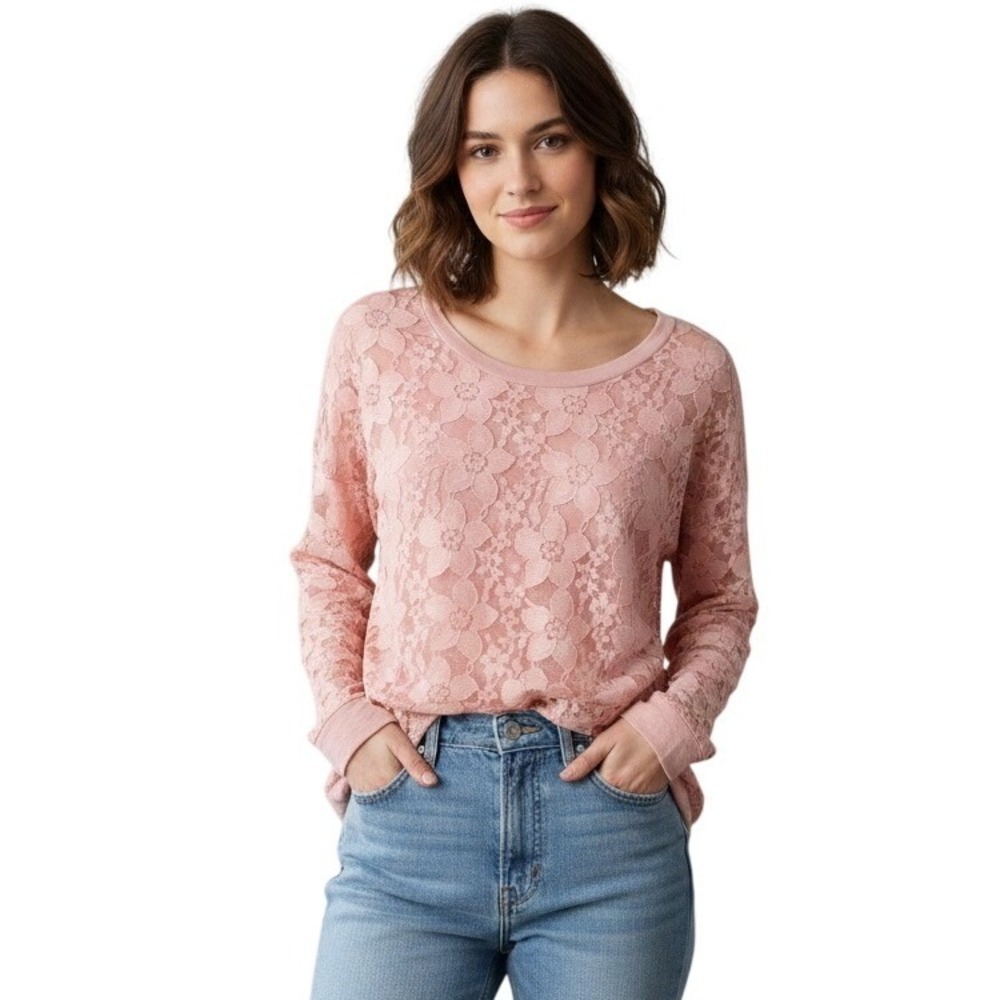 Adrianna Papell Lace Top Womens XL Warm Blush Pink Floral Long Sleeve Scoop Neck